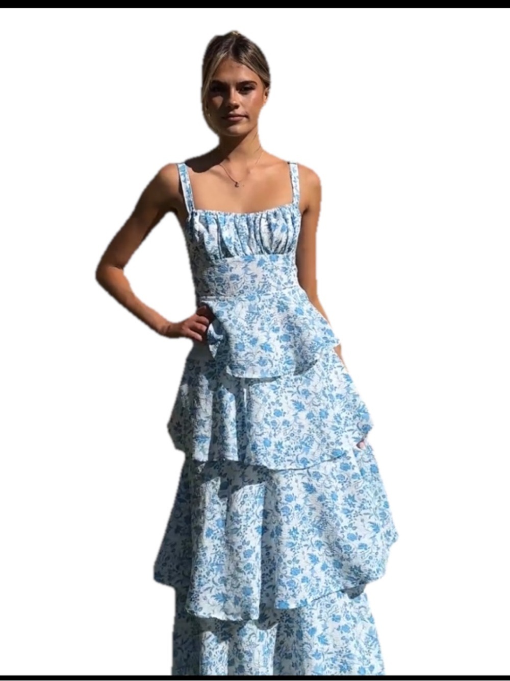 Billy J Page Maxi Dress Blue Floral Tiered Ruffle Sleeveless Cottagecore Boho